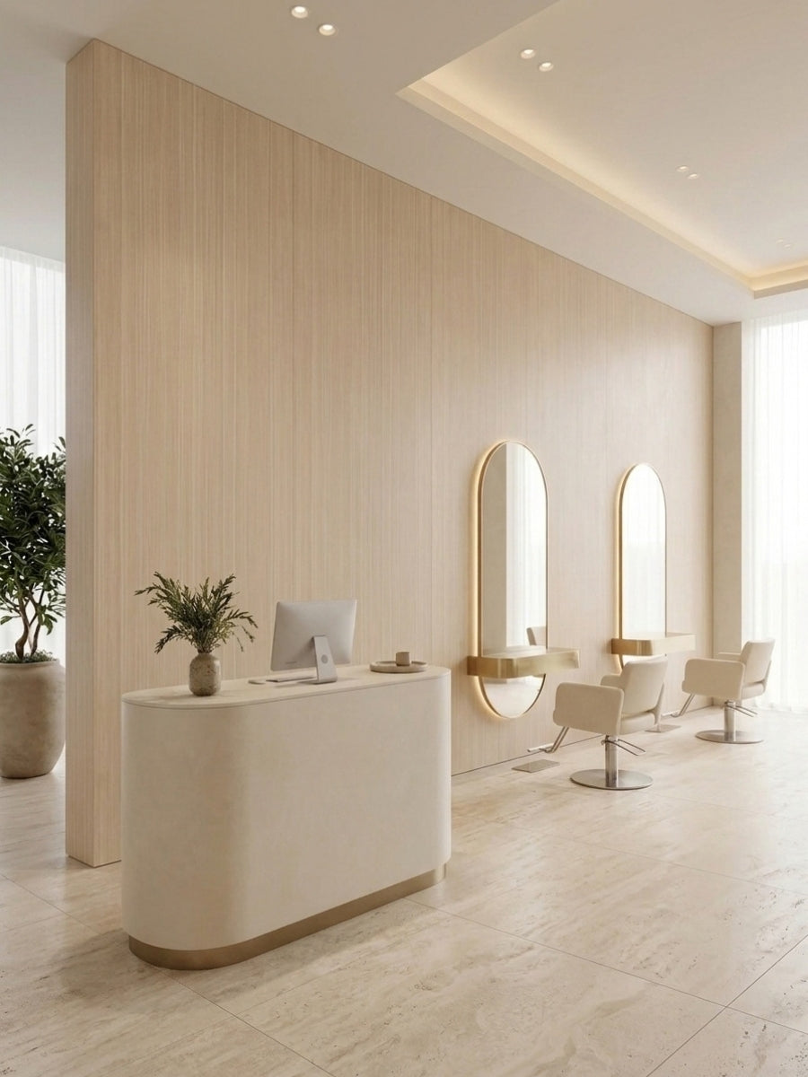Light Nordic birch wood veneer wall with arched mirrors in a modern salon interior