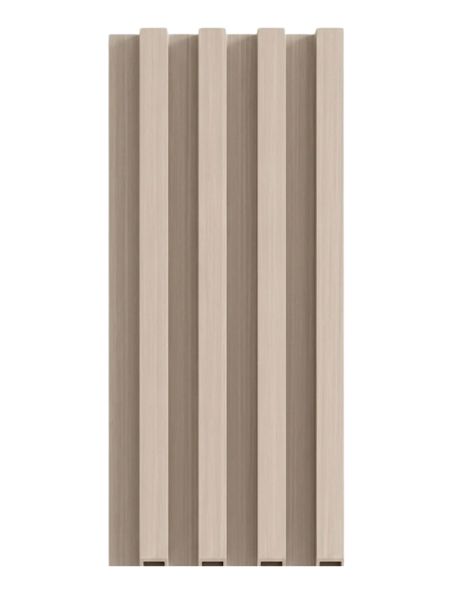 Tall pale beige wood-look WPC slat fluted wall panel sample with four raised ribs