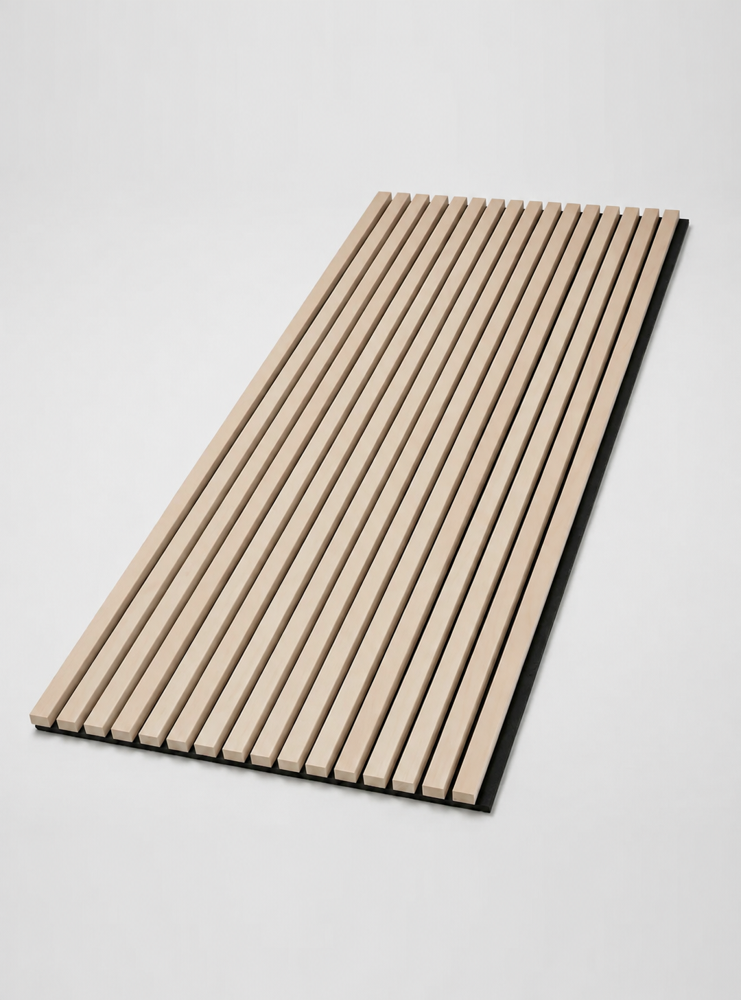 Nordic Birch acoustic wood slat wall panel with light 3-sided veneer and black backing Main image