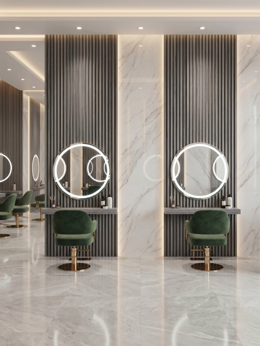 Modern Hair Salon Wall Design with Oak Gray Fluted Panels
