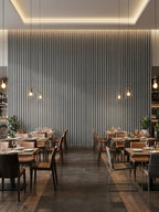 Contemporary Restaurant Accent Wall with Oak Gray Fluted Panels