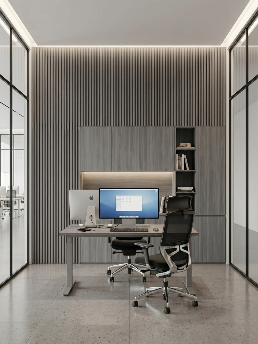 Oak Gray WPC Fluted Wall Panels for Modern Office Room Design