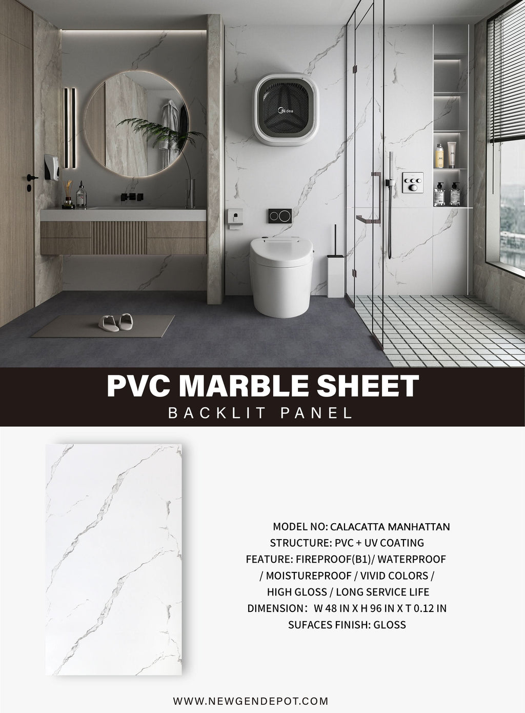 Calacatta Manhattan PVC marble sheet backlit wall panel installed in modern bathroom