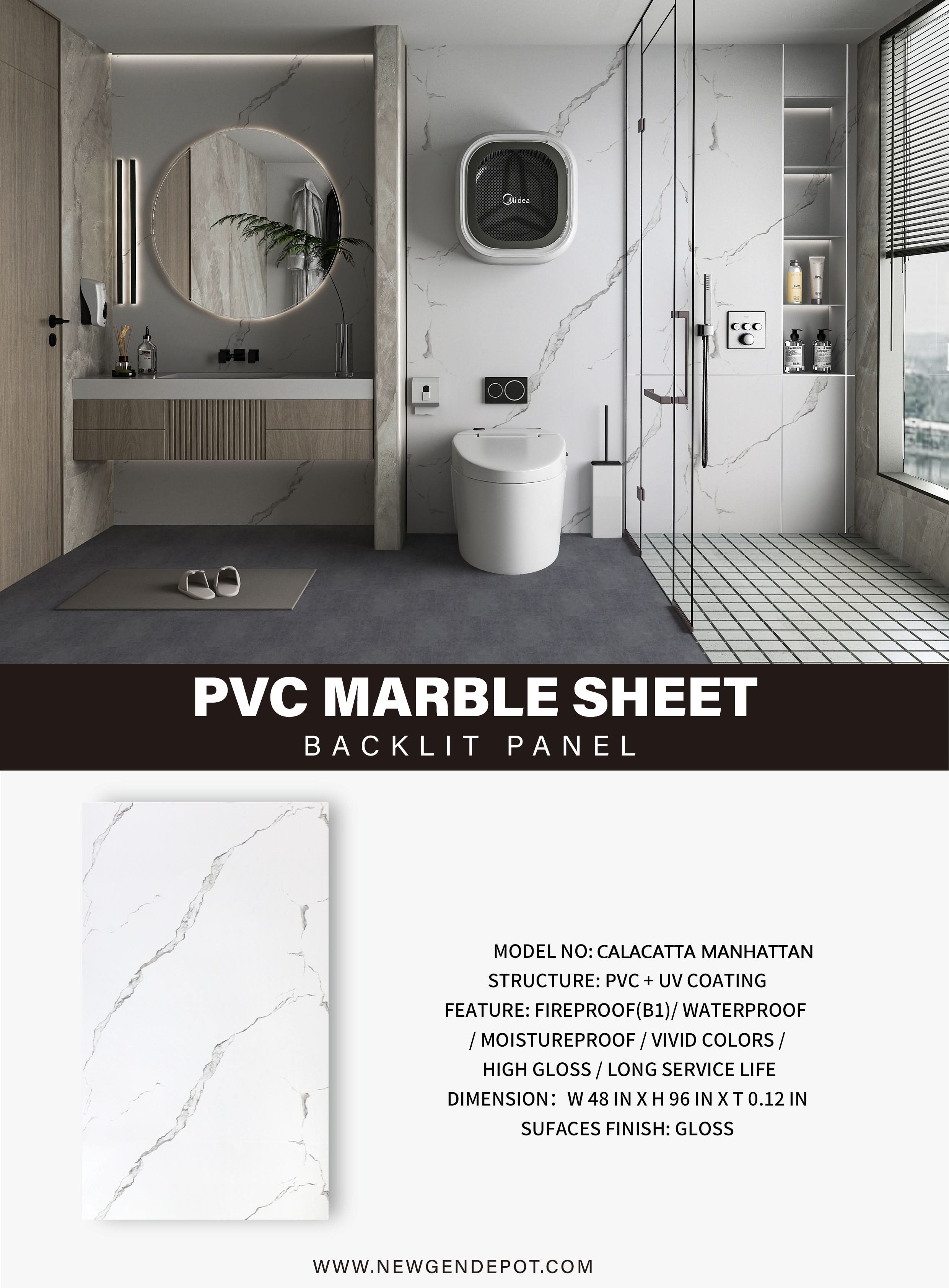 Calacatta Manhattan PVC marble sheet backlit wall panel installed in modern bathroom