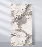 Stone-effect wall panel sample with layered white, gray and warm beige pattern