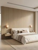 Royal Oak wood veneer panel installed as a full-height bedroom accent wall behind a neutral upholstered bed