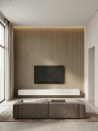 Royal Oak wood veneer TV wall with vertical grain in a minimalist living room