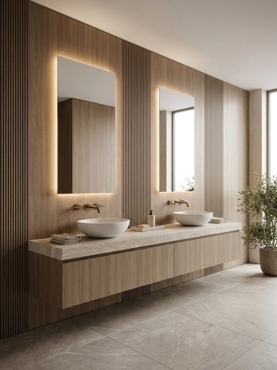 Royal Oak wood veneer panel with vertical fluted detailing installed behind a floating double vanity in a modern bathroom