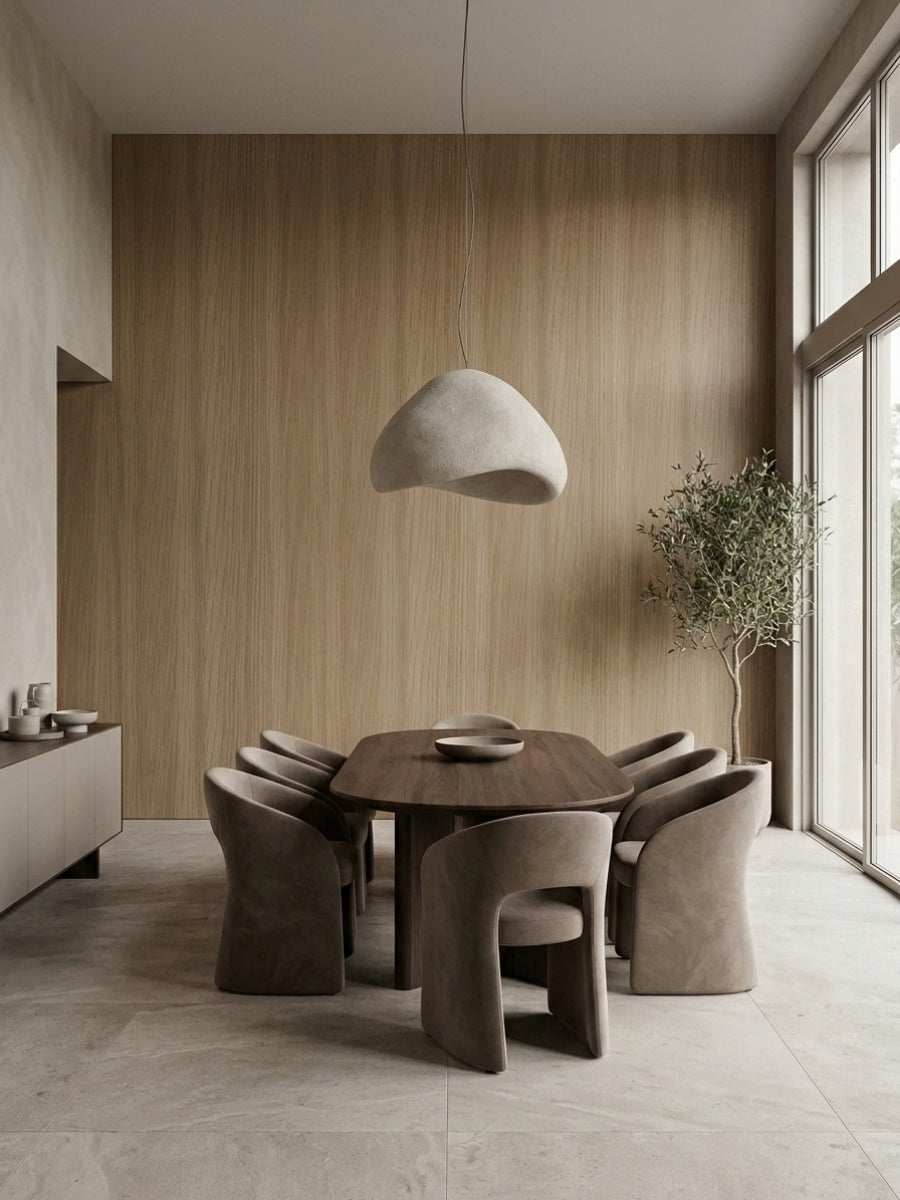 Royal Oak wood veneer dining room wall with vertical grain behind a round table and upholstered chairs