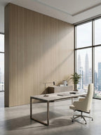 Royal Oak wood veneer office wall with vertical grain, modern desk and floor-to-ceiling city windows