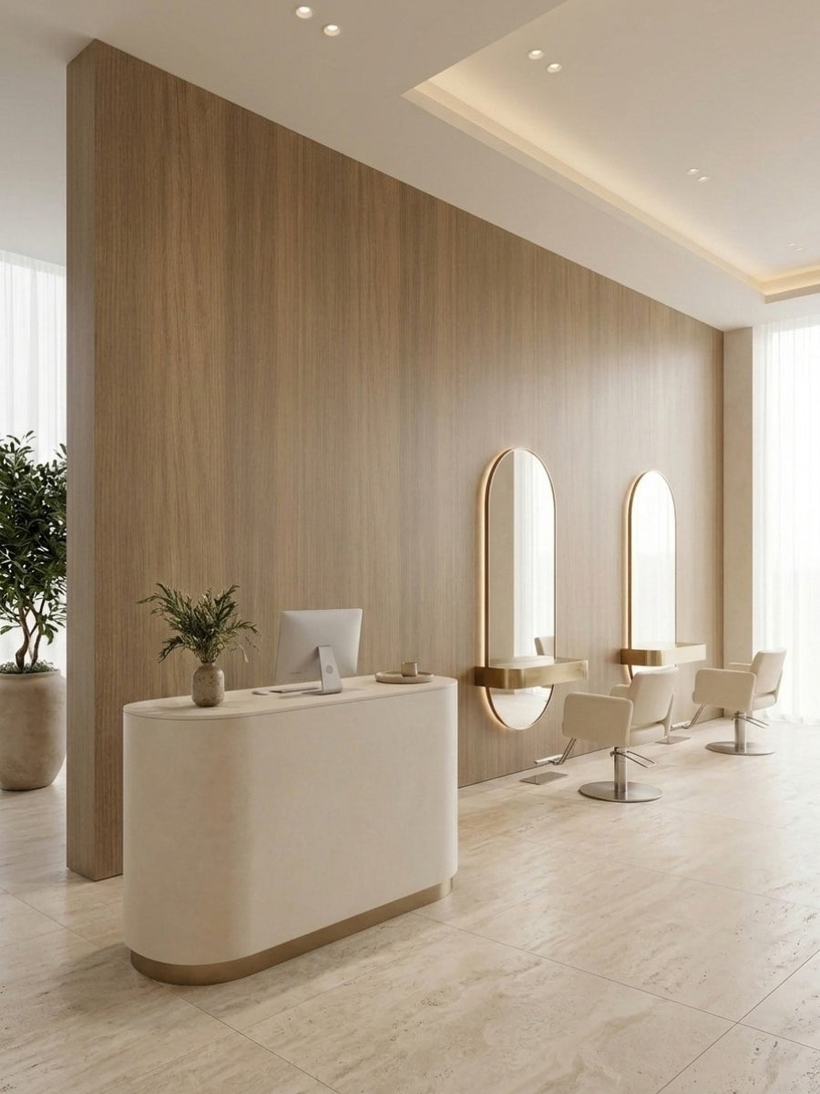 Royal Oak wood veneer panels installed behind a salon reception desk and arched styling mirrors