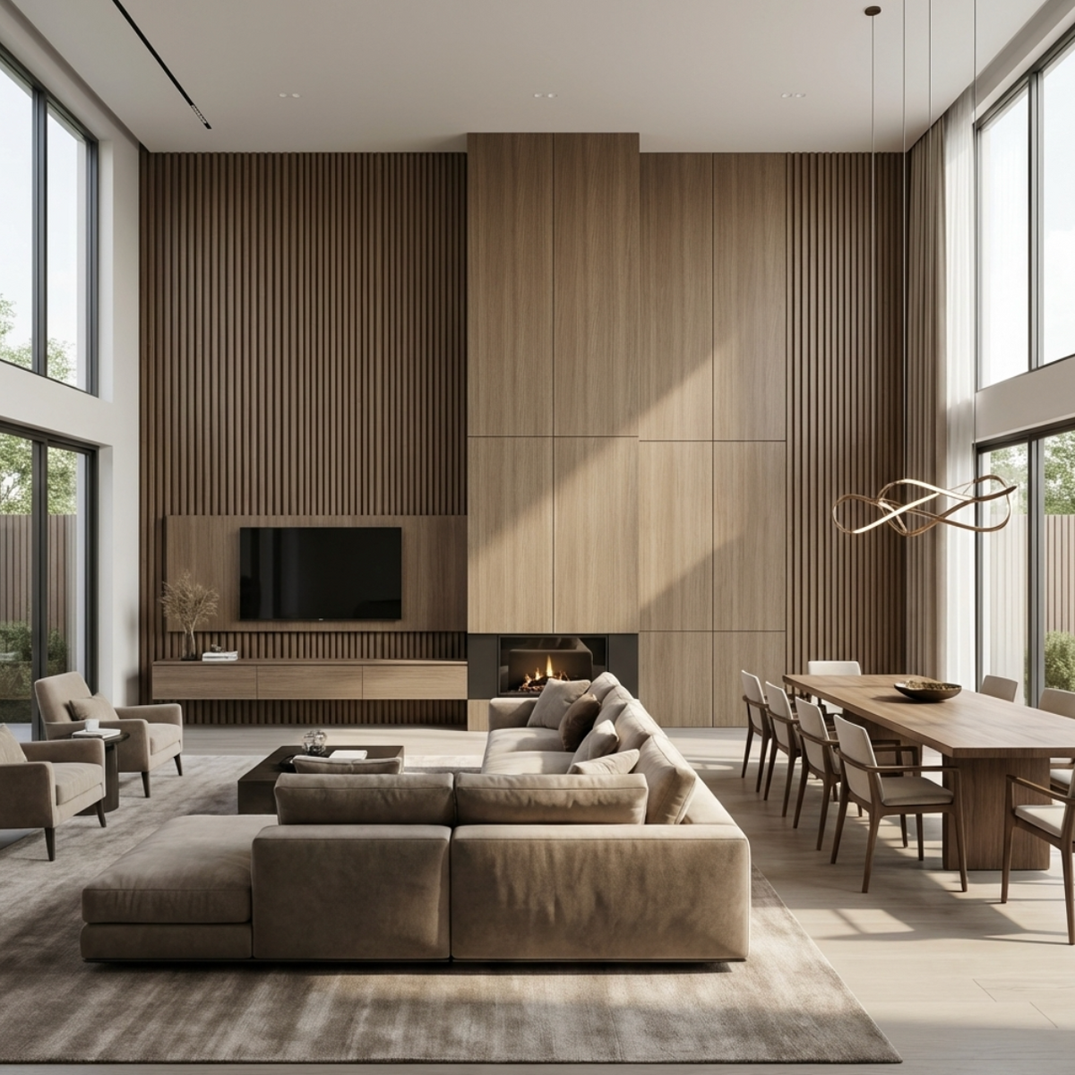 Royal Oak wood veneer and fluted panels forming a floor-to-ceiling feature wall with TV and fireplace