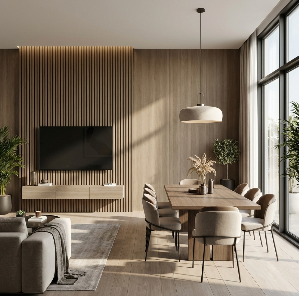 Royal Oak wood veneer and fluted panels on a sunlit TV wall beside a modern dining area
