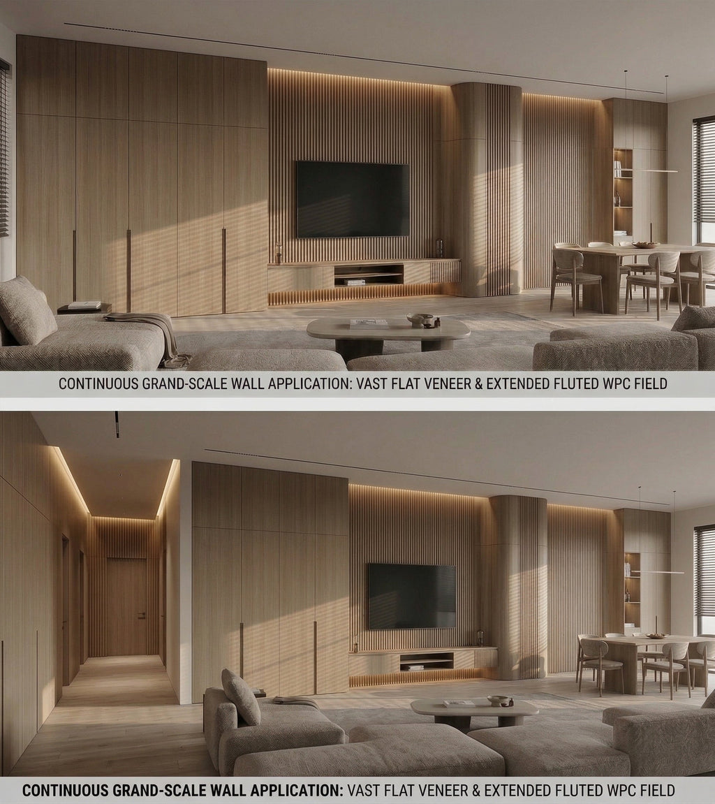 Two views of Royal Oak wood veneer panels combined with fluted sections across a large living room wall