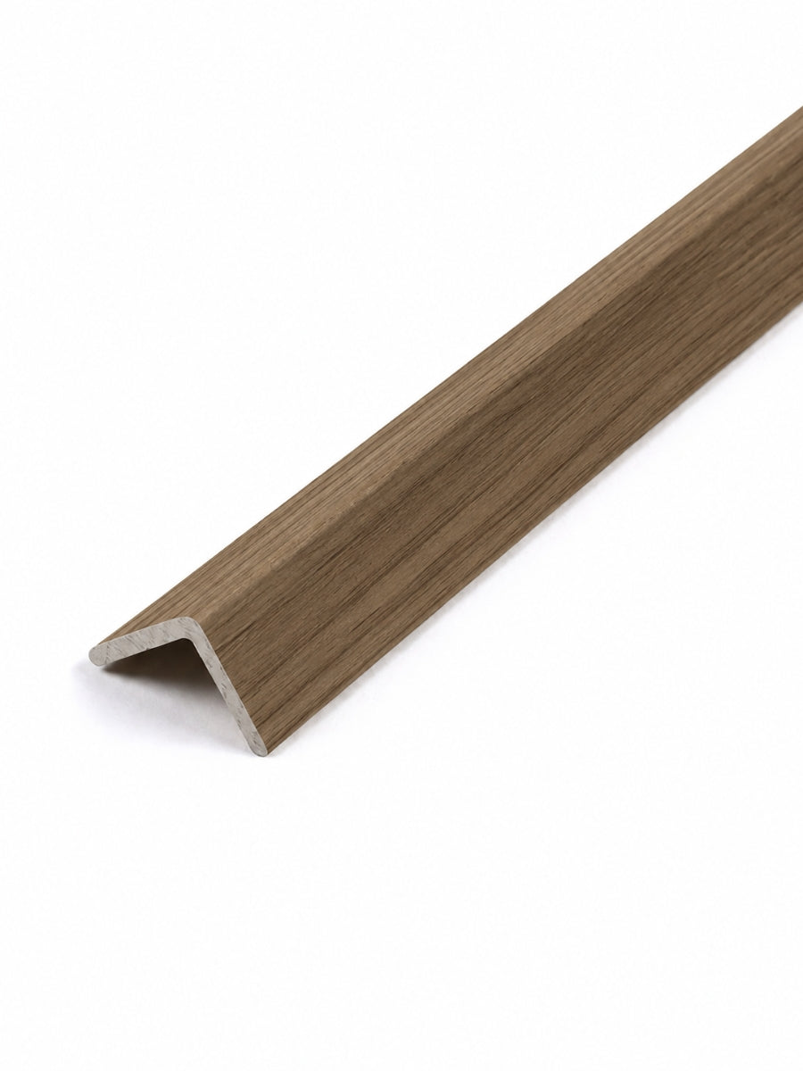 Medium brown wood-look corner trim for acoustic and fluted wall panels