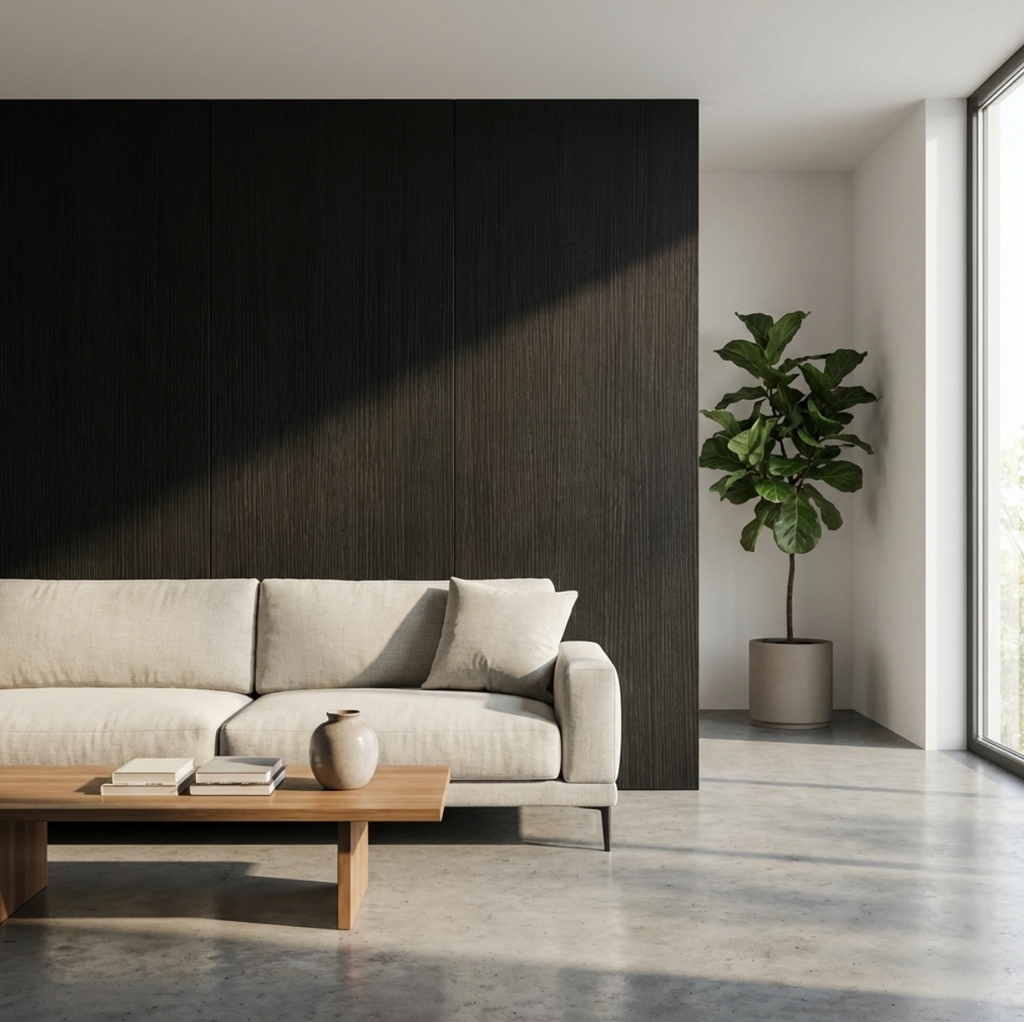 Blackwood veneer panel accent wall behind a cream sofa in a sunlit modern living room