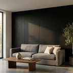 Dark blackwood veneer wall panels behind a gray sofa in a minimalist living room