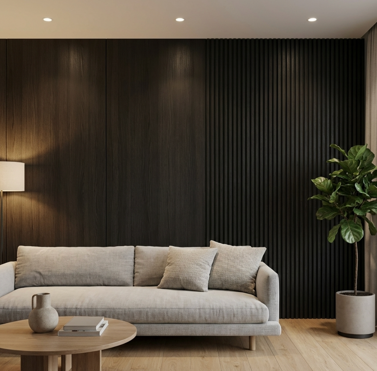 Blackwood veneer wall panels with smooth and fluted textures behind a light gray sofa