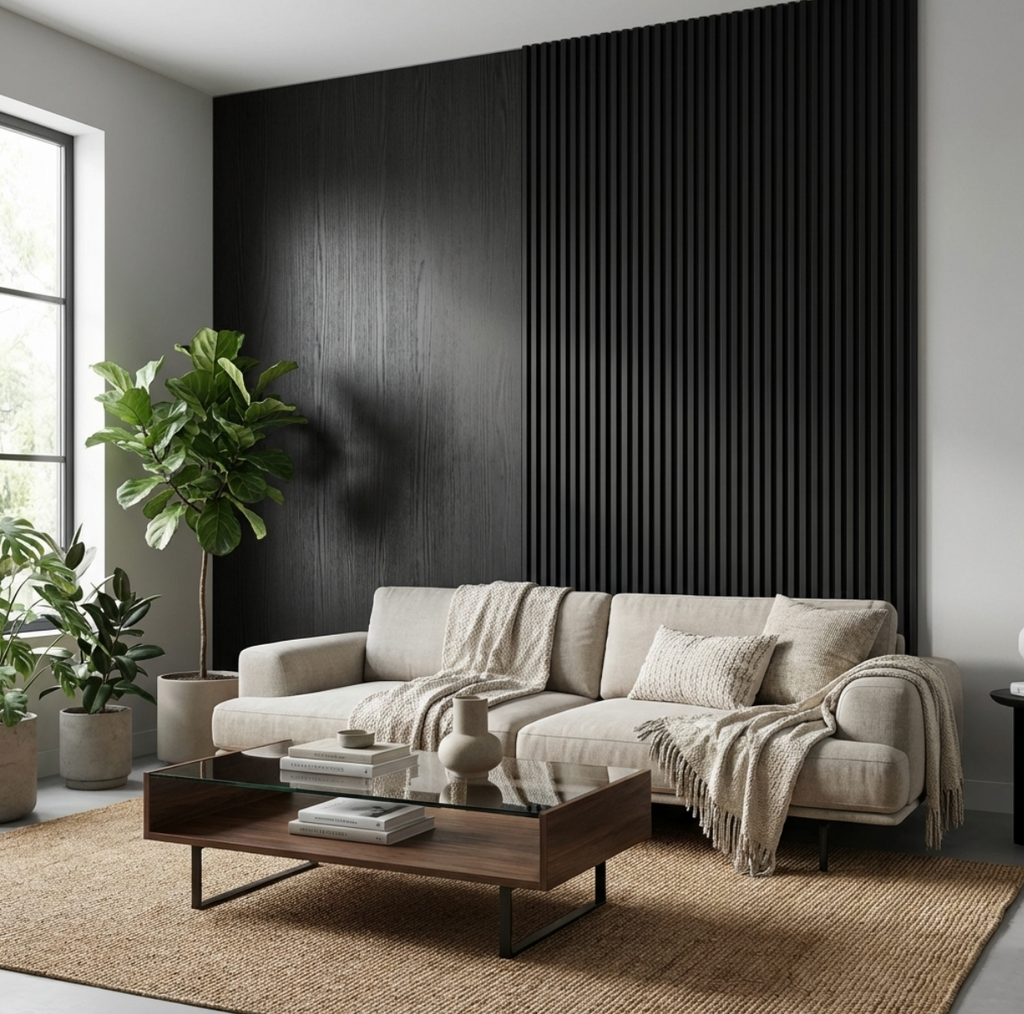 Blackwood veneer wall panels combining smooth wood grain and vertical fluting behind a sofa