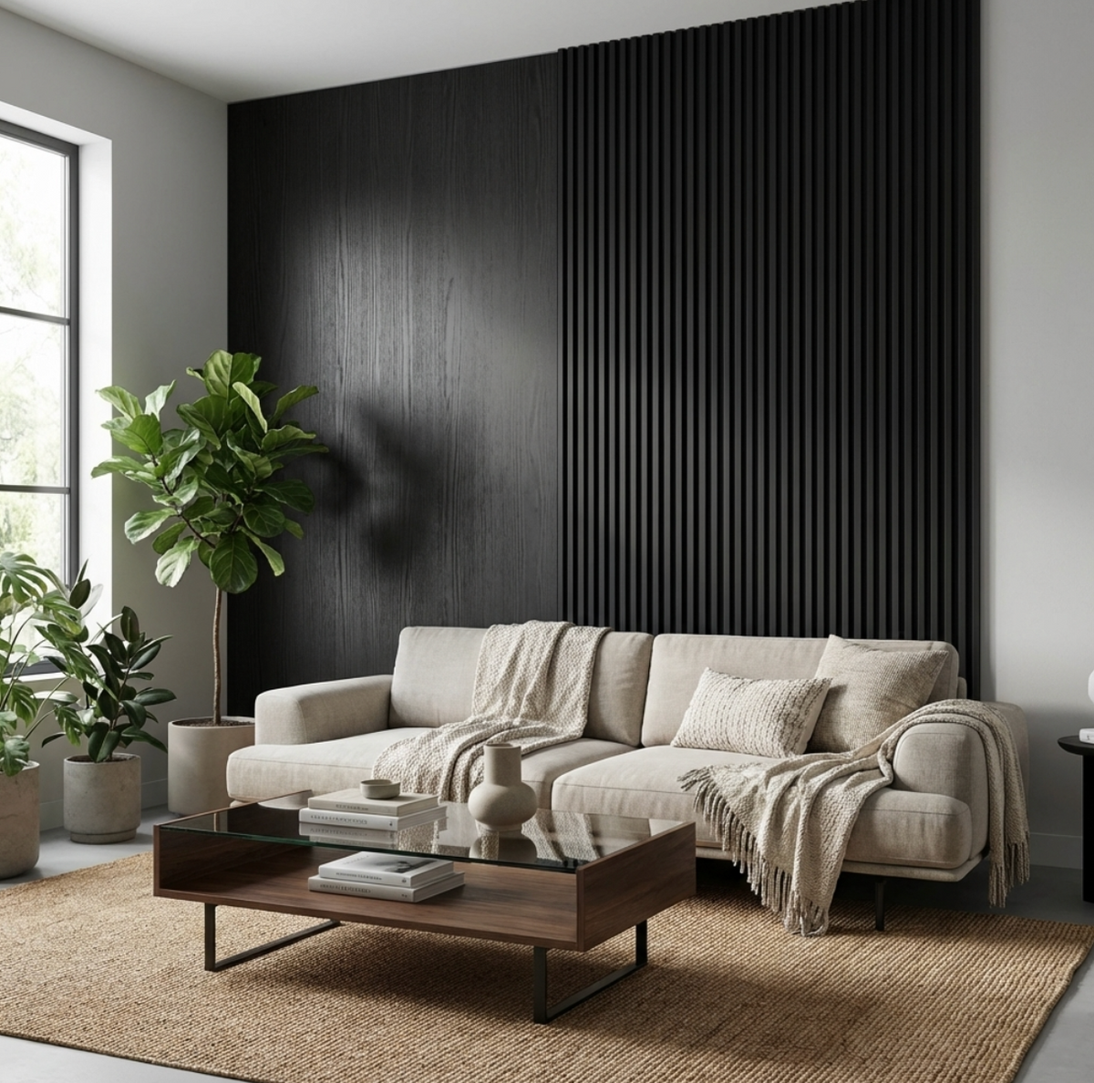 Blackwood veneer wall panels combining smooth wood grain and vertical fluting behind a sofa