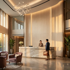 Tall Nordic birch wood veneer panels behind a marble reception desk in a luxury lobby