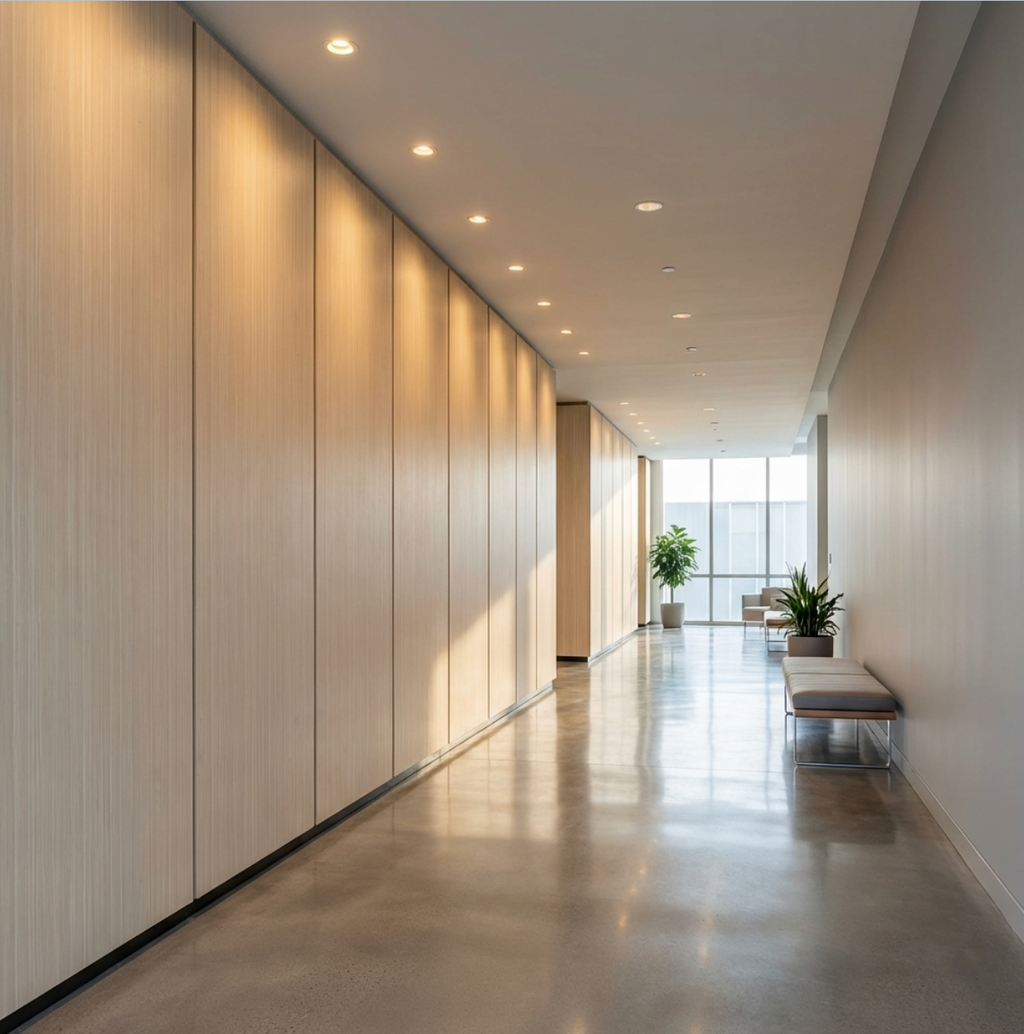 Long office hallway with light Nordic birch wood veneer wall panels and recessed lighting