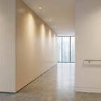 Nordic birch wood veneer panels lining a bright minimalist corridor wall