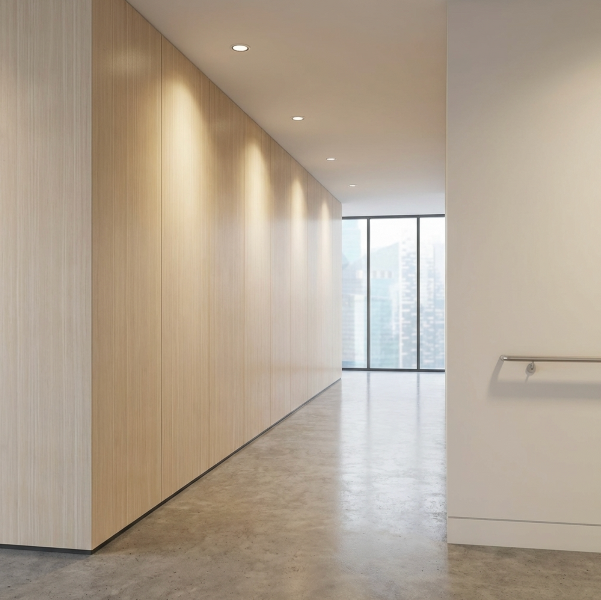 Nordic birch wood veneer panels lining a bright minimalist corridor wall
