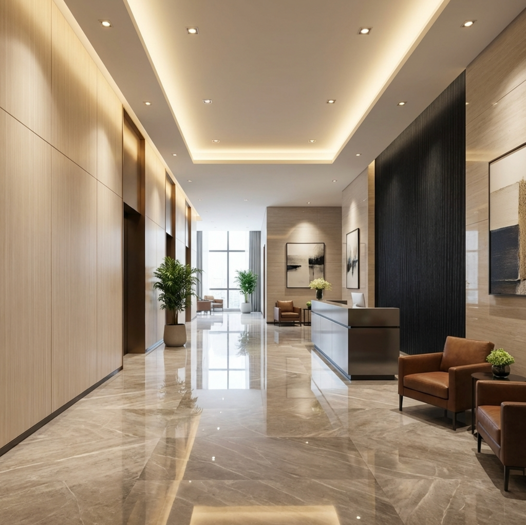 Modern lobby with Nordic birch wood veneer wall panels, marble flooring and reception desk