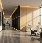 Light Nordic birch wood veneer panels covering a modern office reception wall
