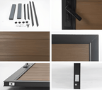 Composite fence gate components including aluminum frame, wood-look panels, hinges, and lock hardware