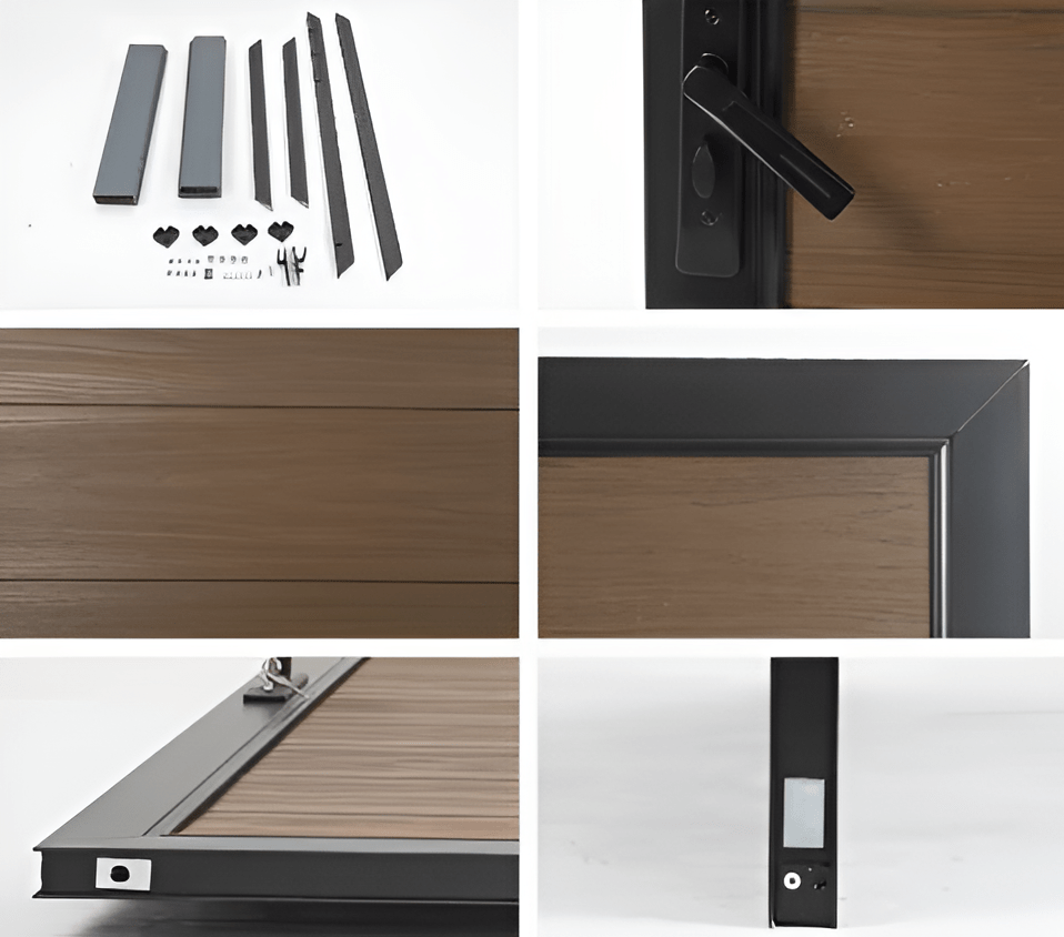 Composite fence gate components including aluminum frame, wood-look panels, hinges, and lock hardware