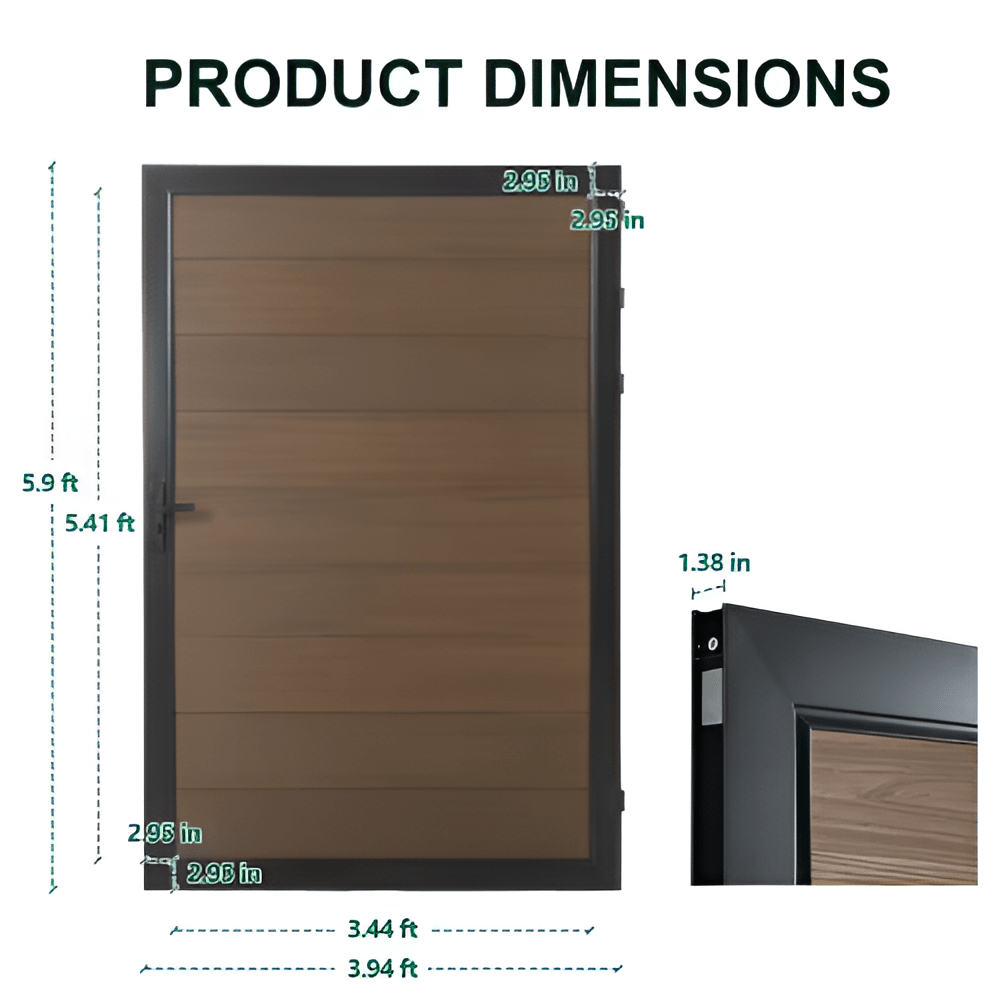 Composite fence gate dimensions showing width, height, and aluminum frame thickness