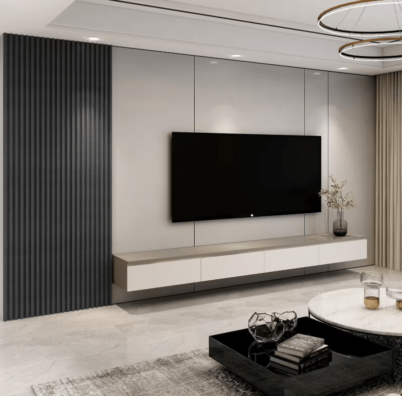 Premium white fluted wall panels, 96” x 8.3”, modern design, easy to install, perfect for NJ homes with black accent walls. Main image