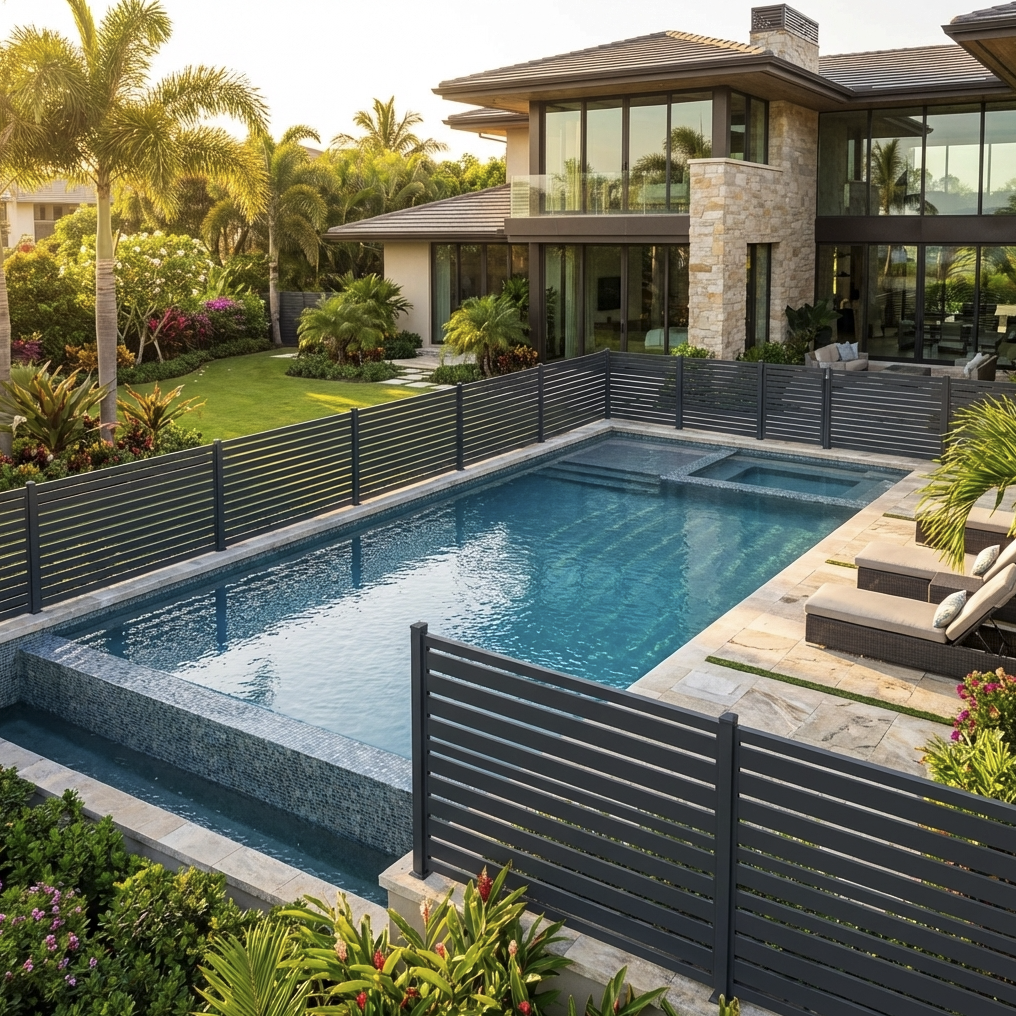 Light gray composite horizontal fence surrounding modern backyard swimming pool Main image