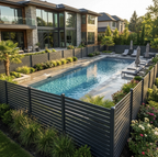 Modern composite horizontal privacy fence surrounding luxury backyard swimming pool