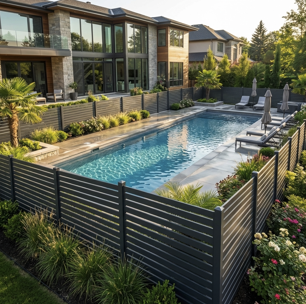 Modern composite horizontal privacy fence surrounding luxury backyard swimming pool