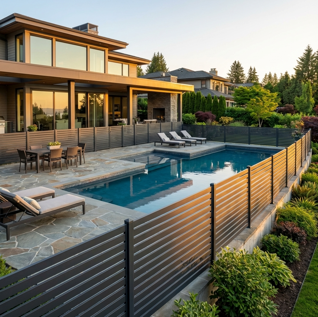 Modern composite horizontal privacy fence enclosing luxury backyard pool and patio