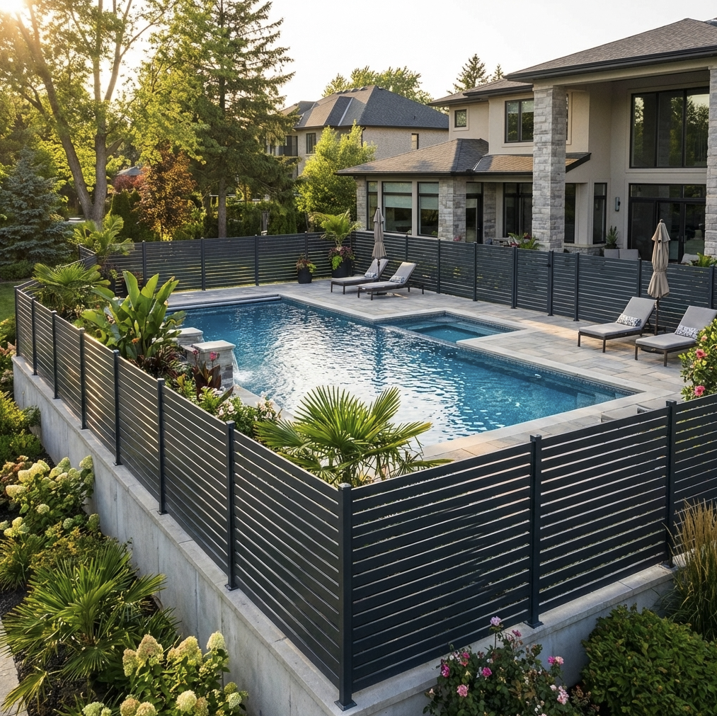 Dark gray composite horizontal privacy fence enclosing residential backyard swimming pool