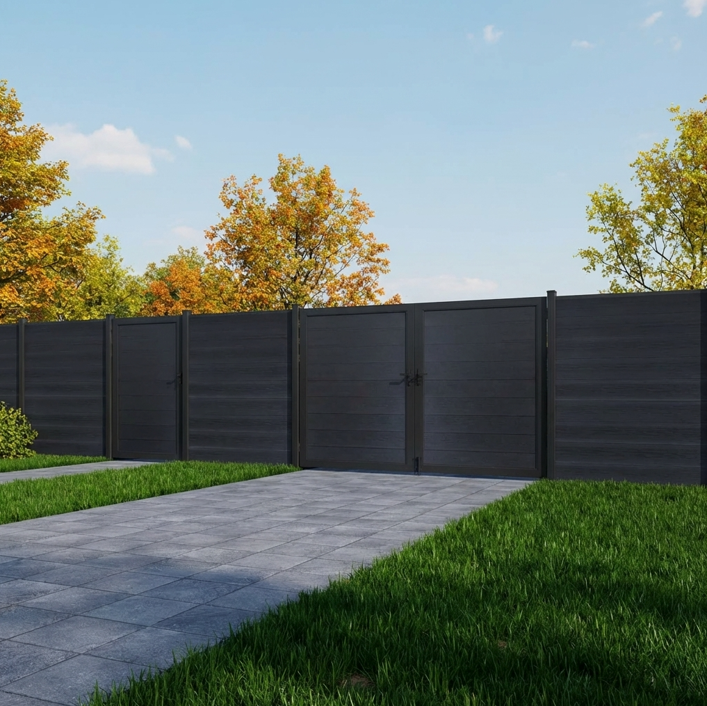Dark gray composite driveway gate with matching privacy fence panels