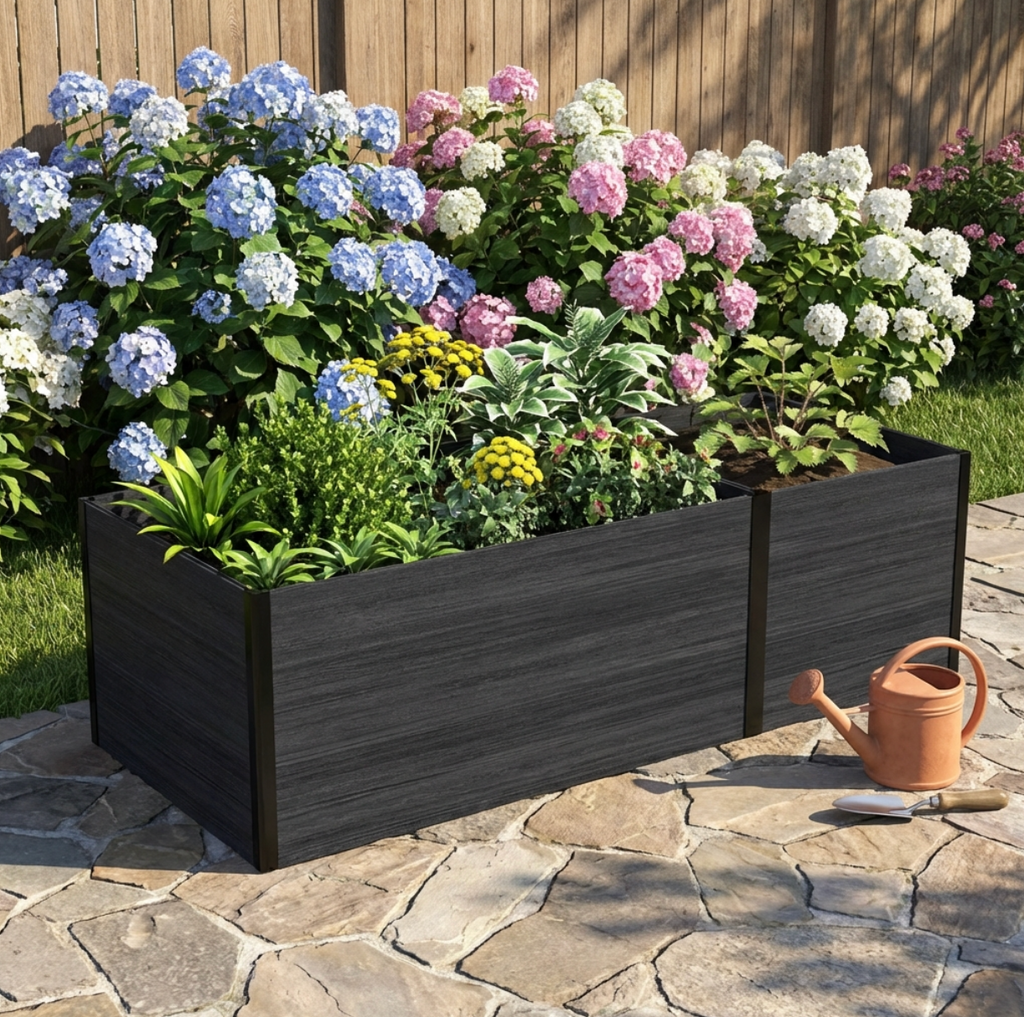 Durable raised garden bed with composite wood and metal frame