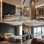 Blackwood veneer commercial wall panels installed in reception, lobby, and bedroom settings