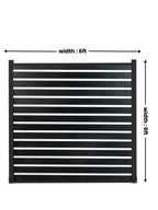 Front view of black all-aluminum open slat fence panel with 6 ft width and height dimensions marked