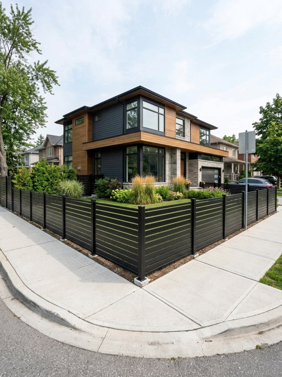 Black open slat aluminum fence panels installed around a landscaped corner property