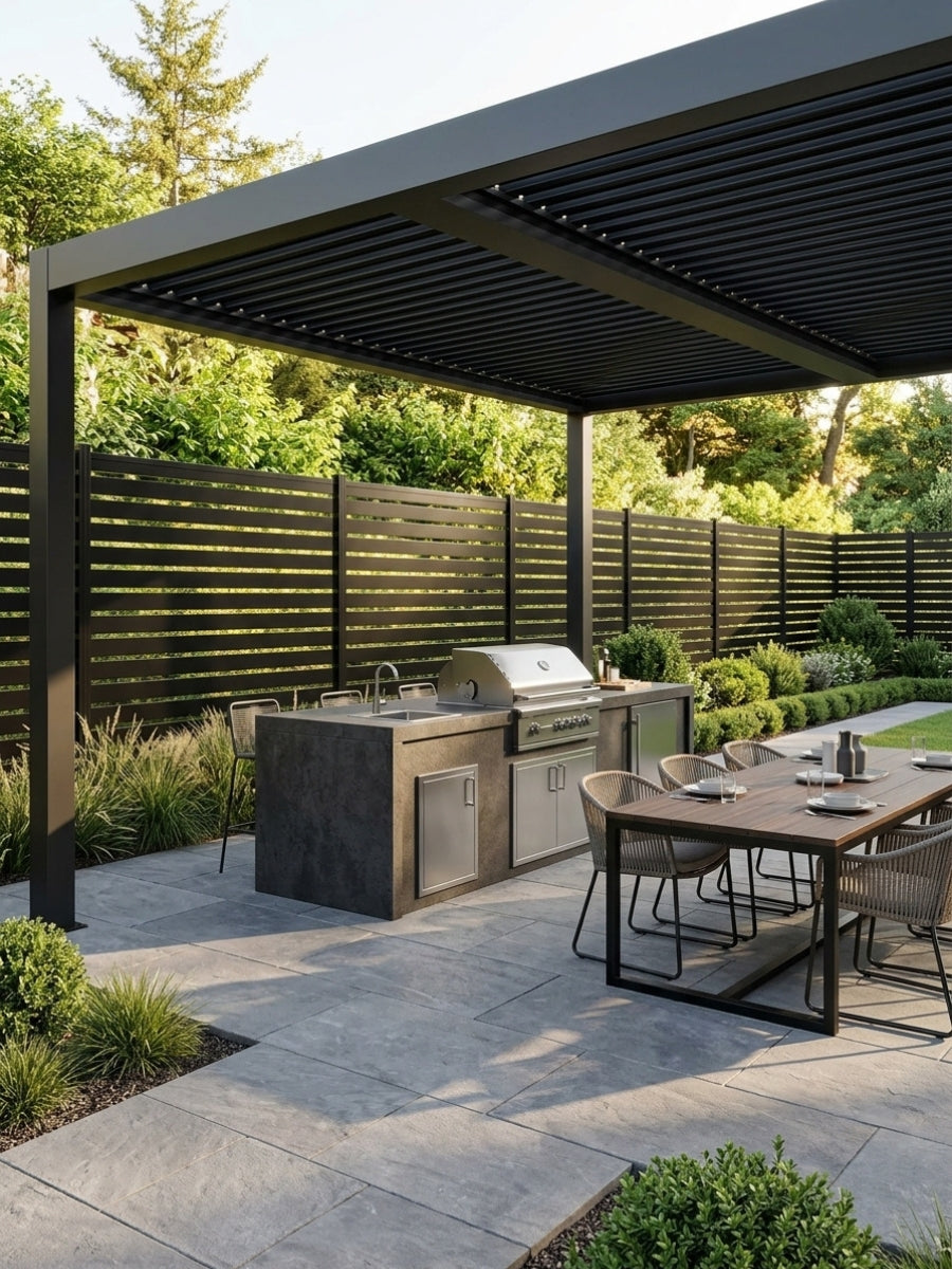 Open slat aluminum fence installed around a modern outdoor kitchen and dining patio