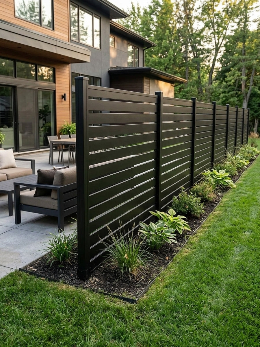 Black aluminum open slat privacy fence beside a home patio and landscaped lawn