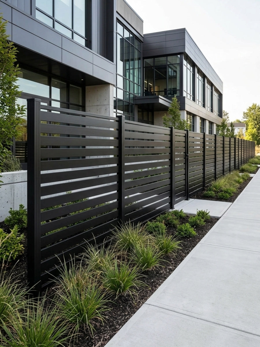 Black open slat aluminum fence panels lining a landscaped walkway outside a modern building