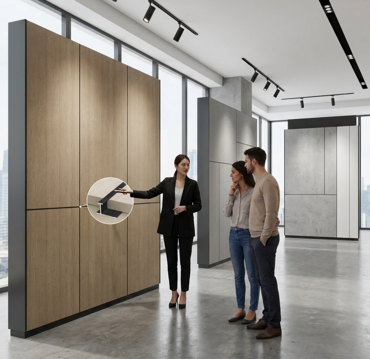 Showroom wall panel display with a callout highlighting the seamless H trim joint