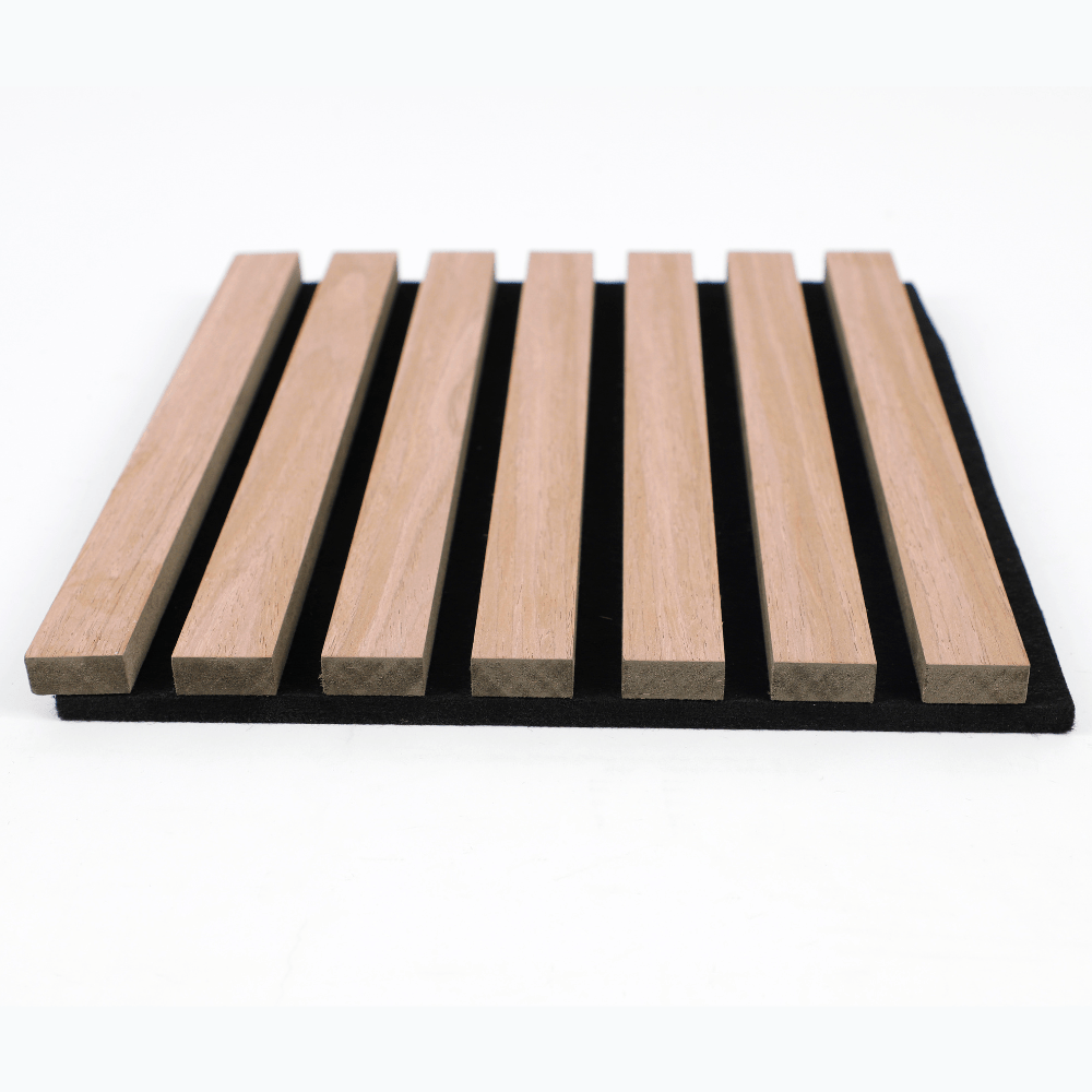 Premium wood slat acoustic panel with natural oak slats and black felt backing