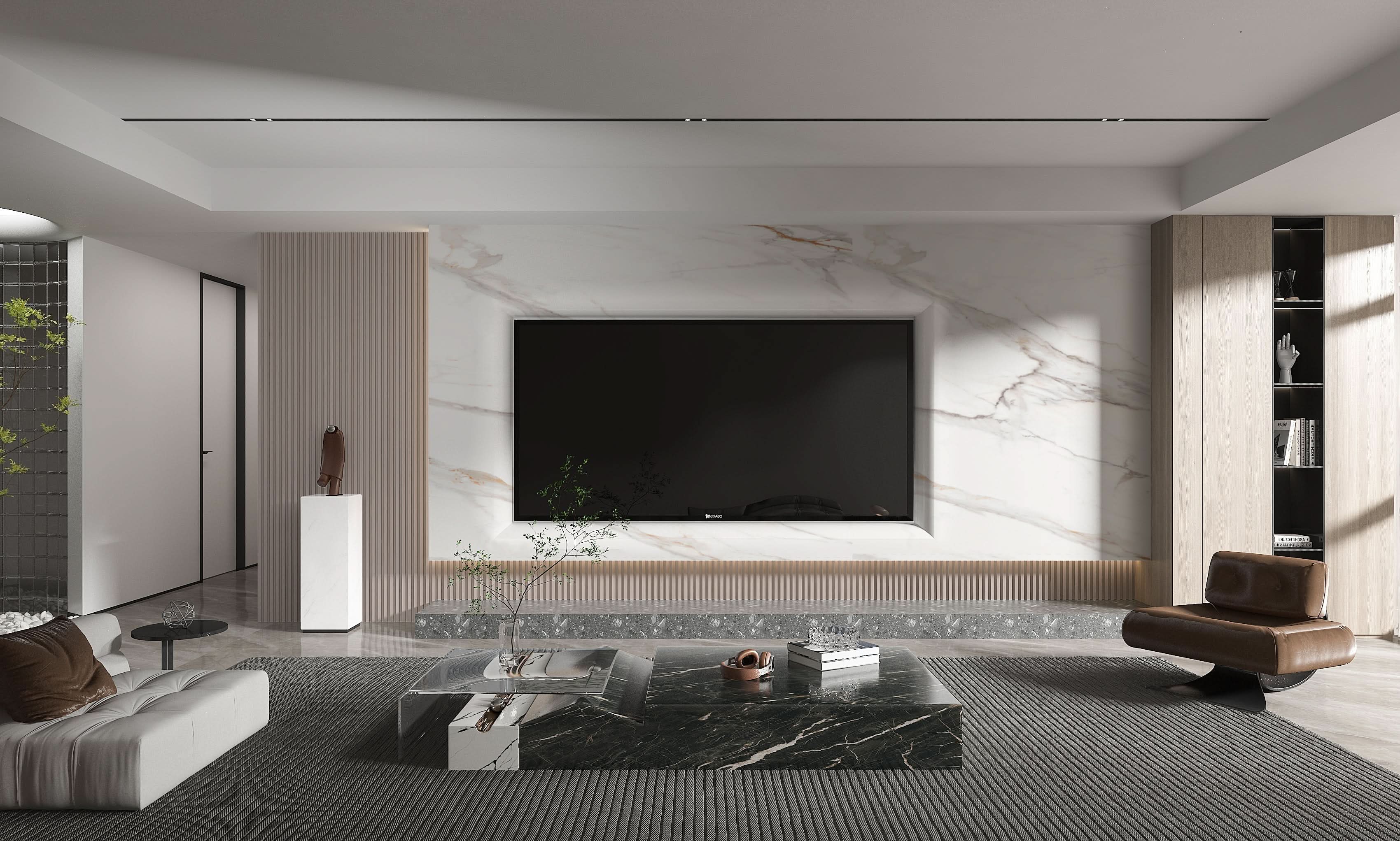 Modern living room with beige marble TV feature wall